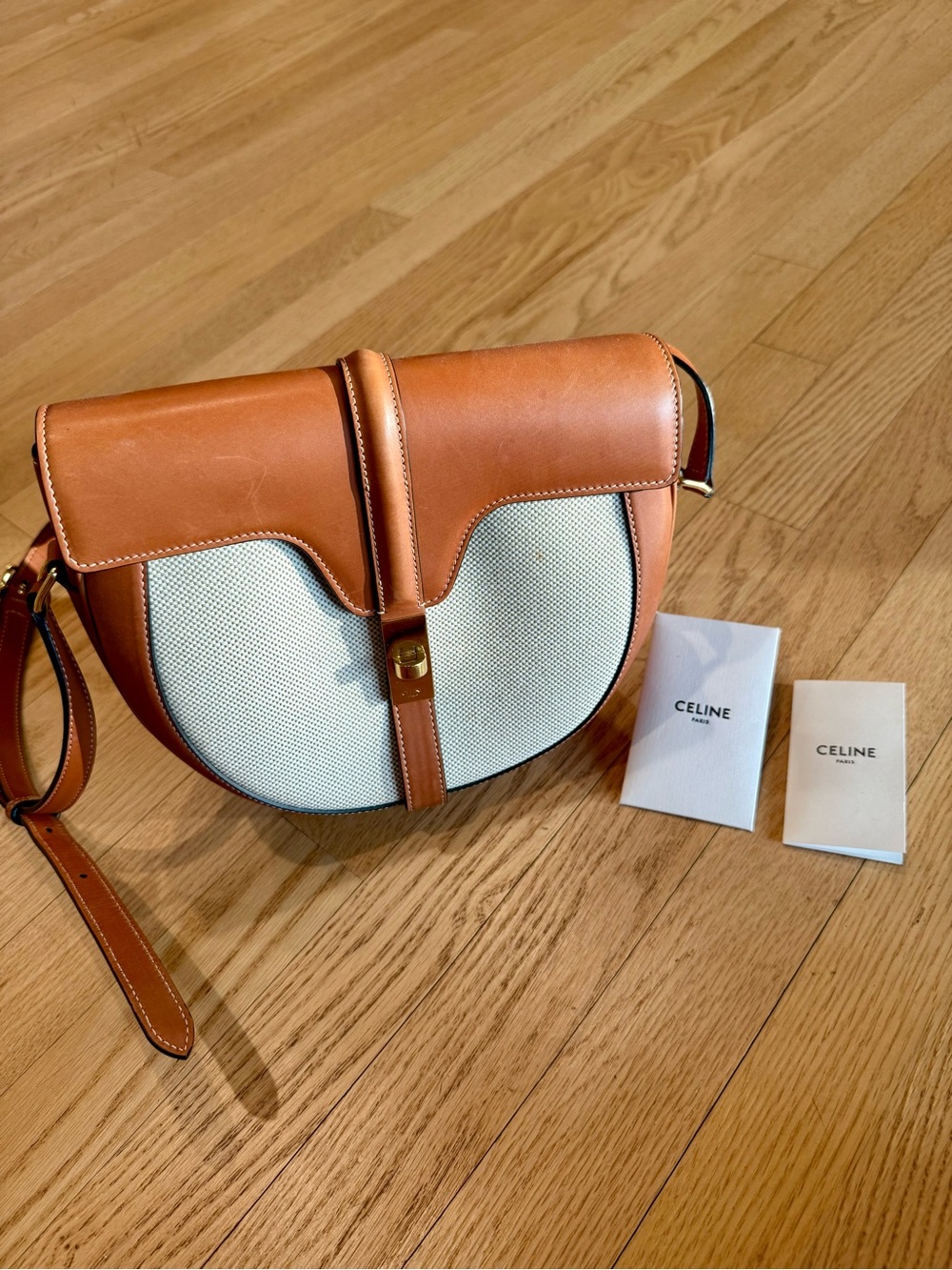 CELINE Medium Besace Canvas & Tan Leather Crossbody Bag